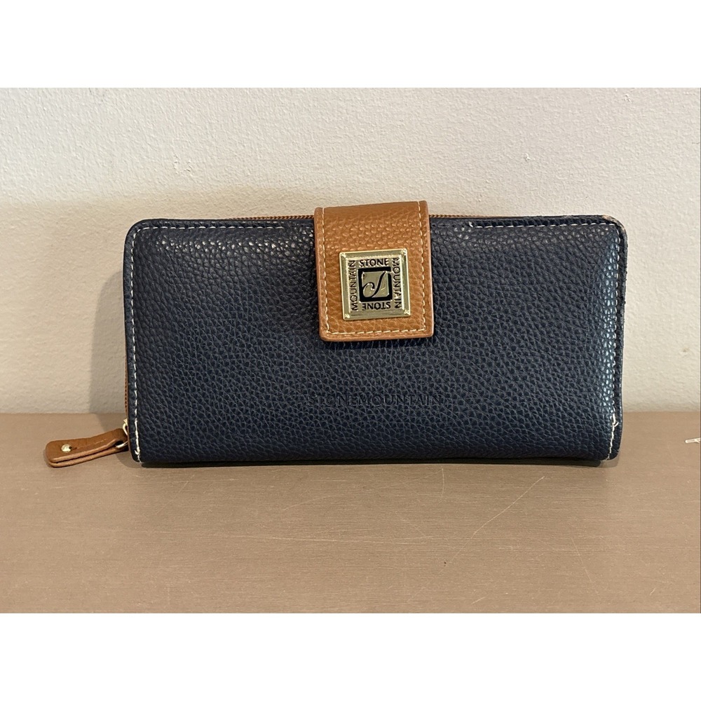 Stone Mountain Women's Navy Blue  Embossed Zip Around Wallet Brown Trim